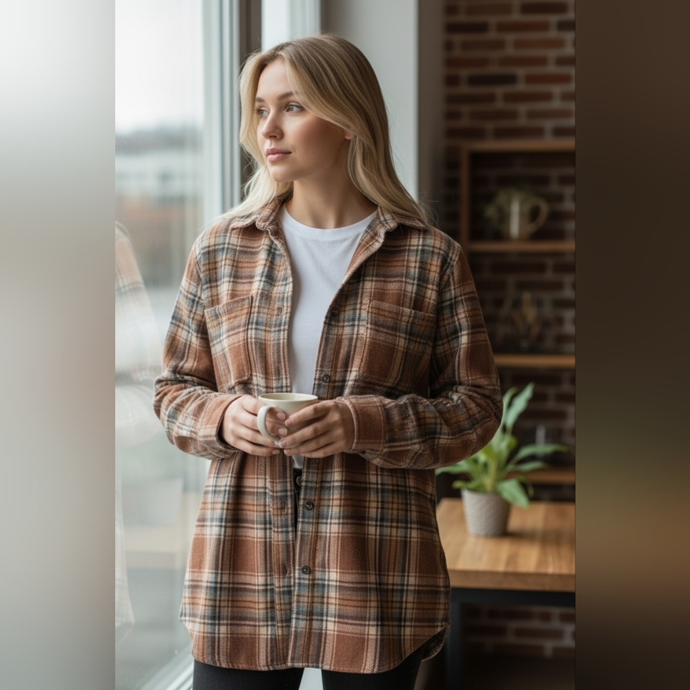 Adora Brown Plaid Longline Shacket Coat Jacket Tunic Button Up Fall Layer Size M